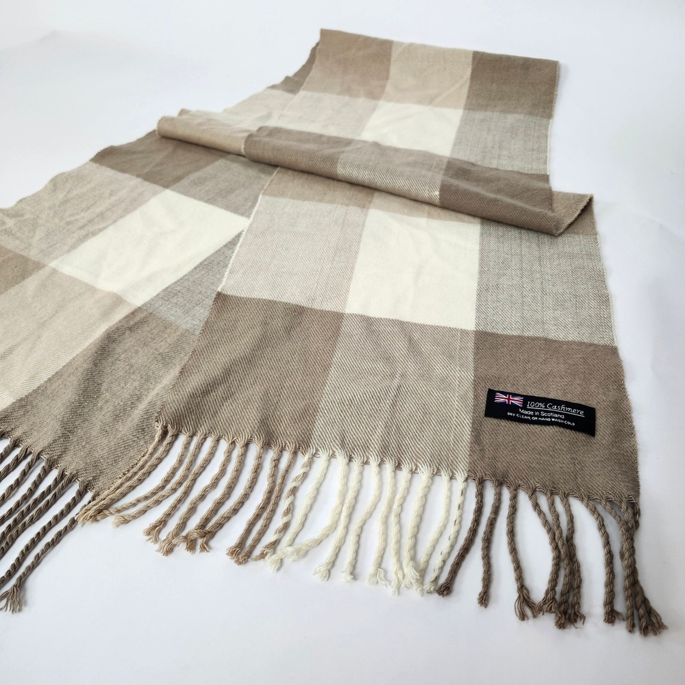 100% Cashmere Scarf Made in Scotland Buffalo Check Beige Cream Fringe Winter 64"